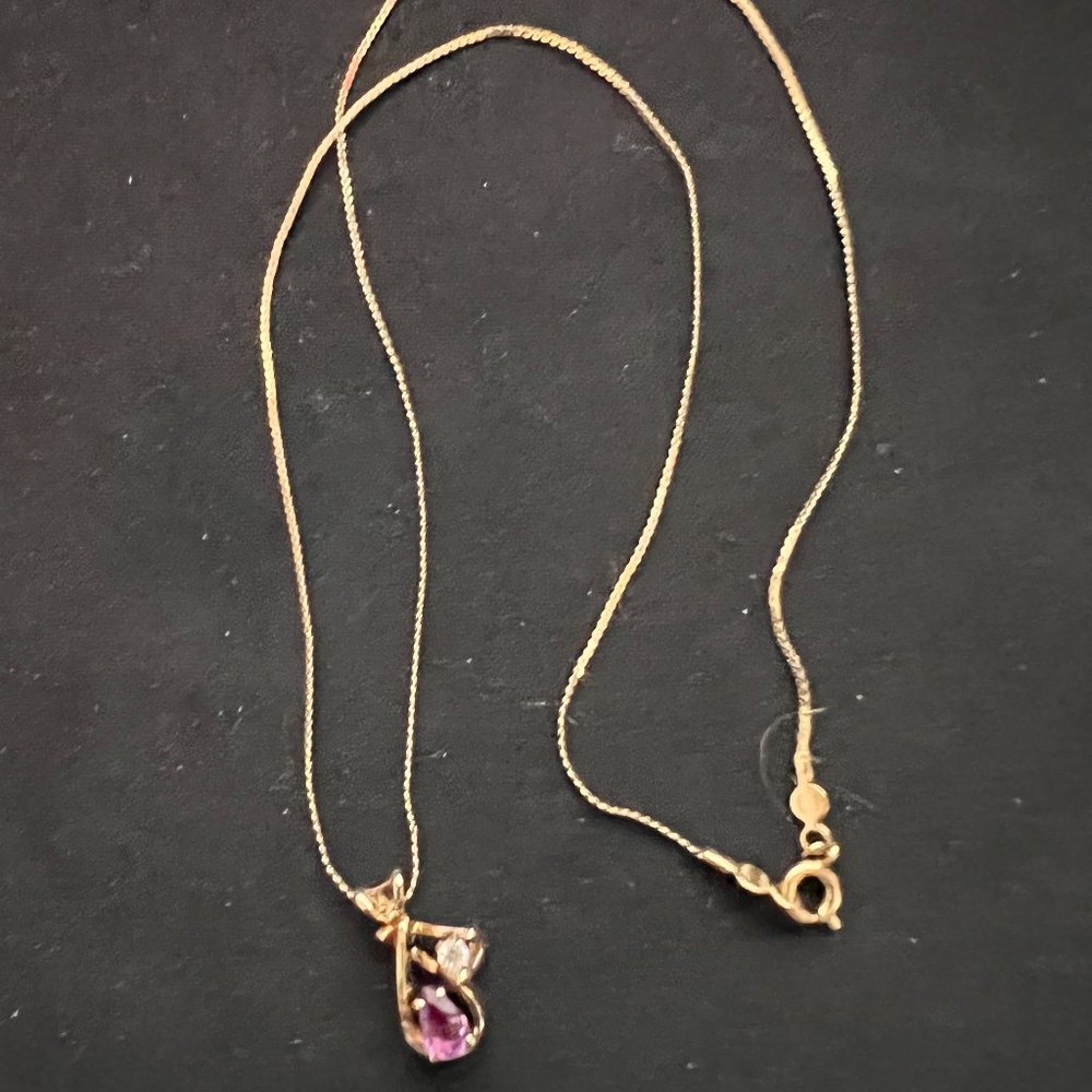 Dainty D.E.C. 14KT G.F. Gold Filled Genuine Amethyst & Rhinestone Necklace